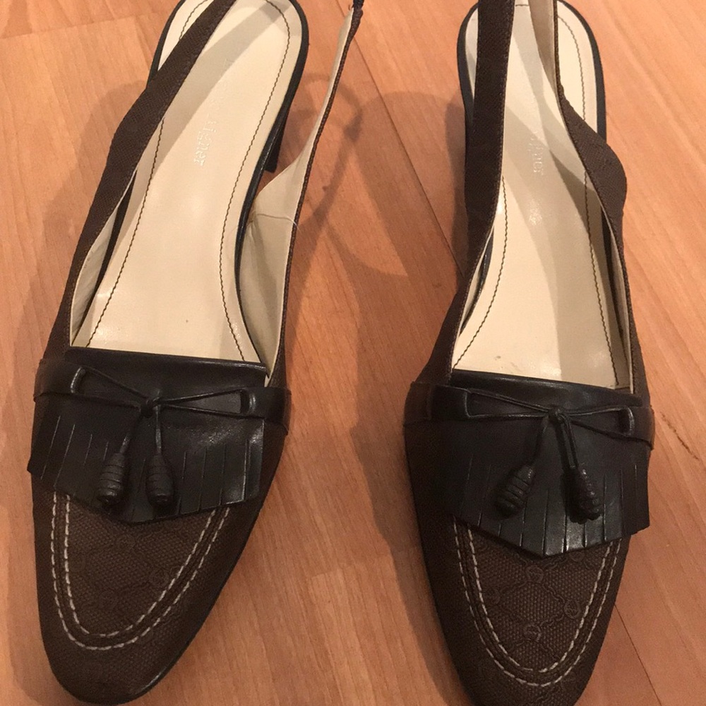 Black and brown sling back heels